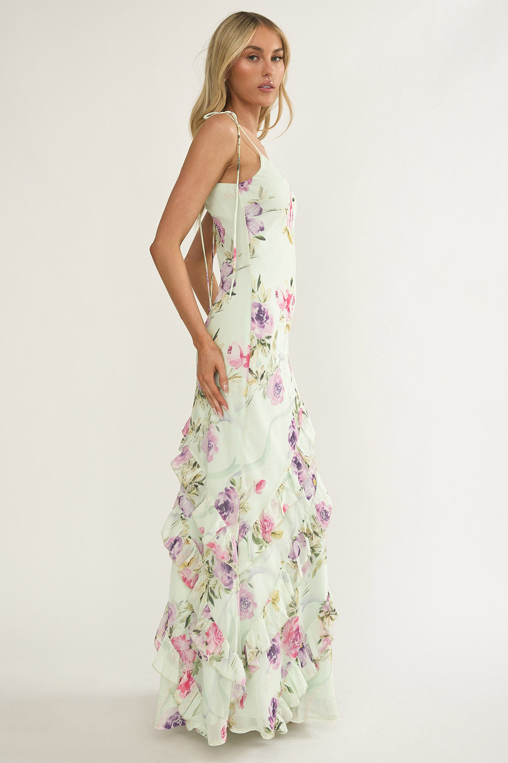 Dreamy Day Ruffle Trim Maxi Dress Mint Floral by Selfie Leslie