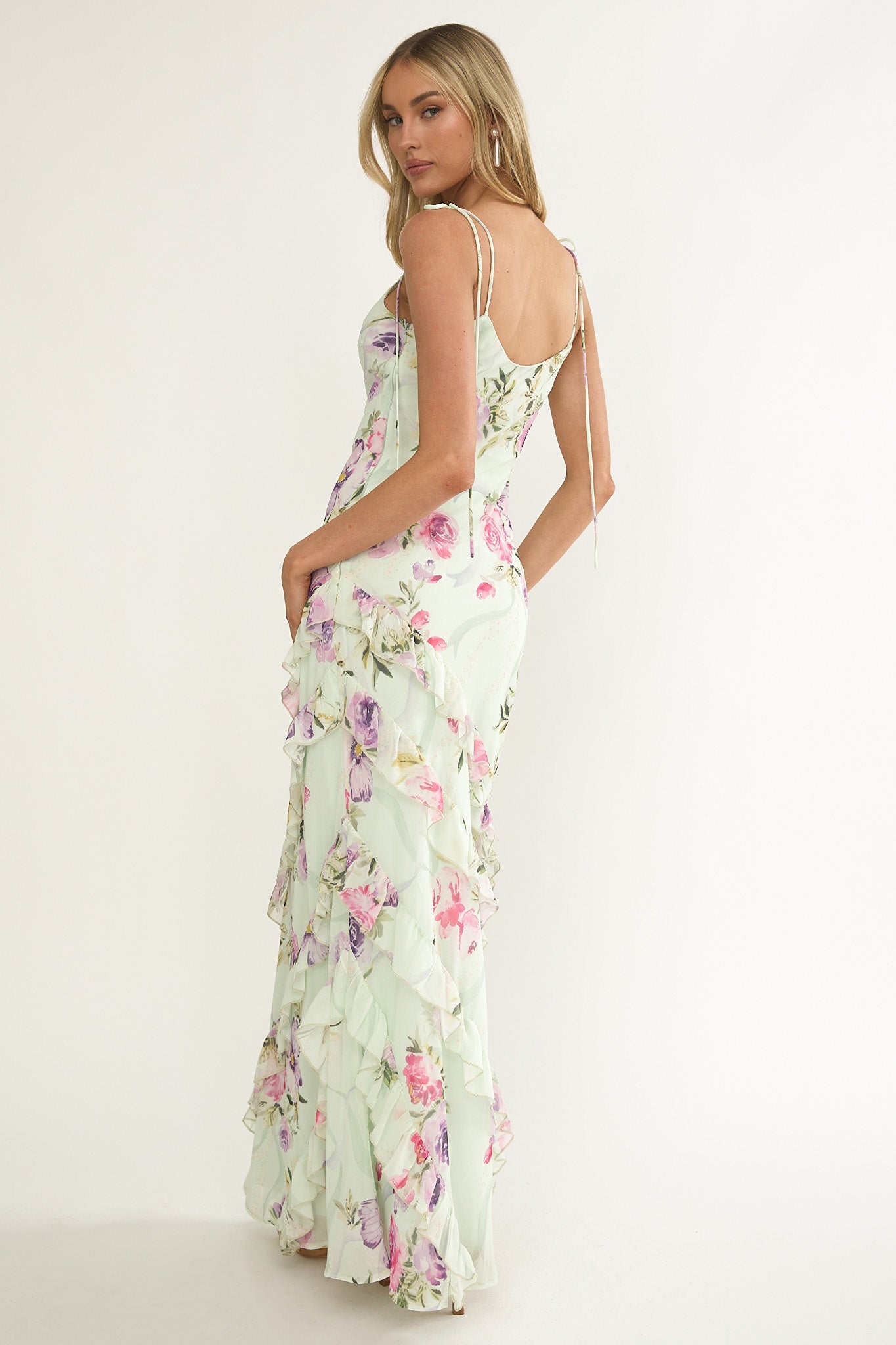 Dreamy Day Ruffle Trim Maxi Dress Mint Floral by Selfie Leslie