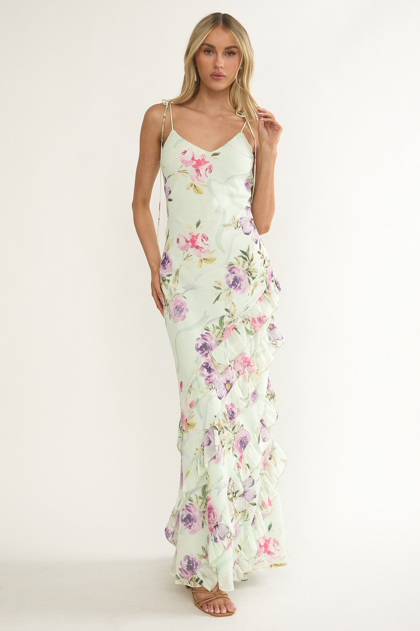 Dreamy Day Ruffle Trim Maxi Dress Mint Floral by Selfie Leslie