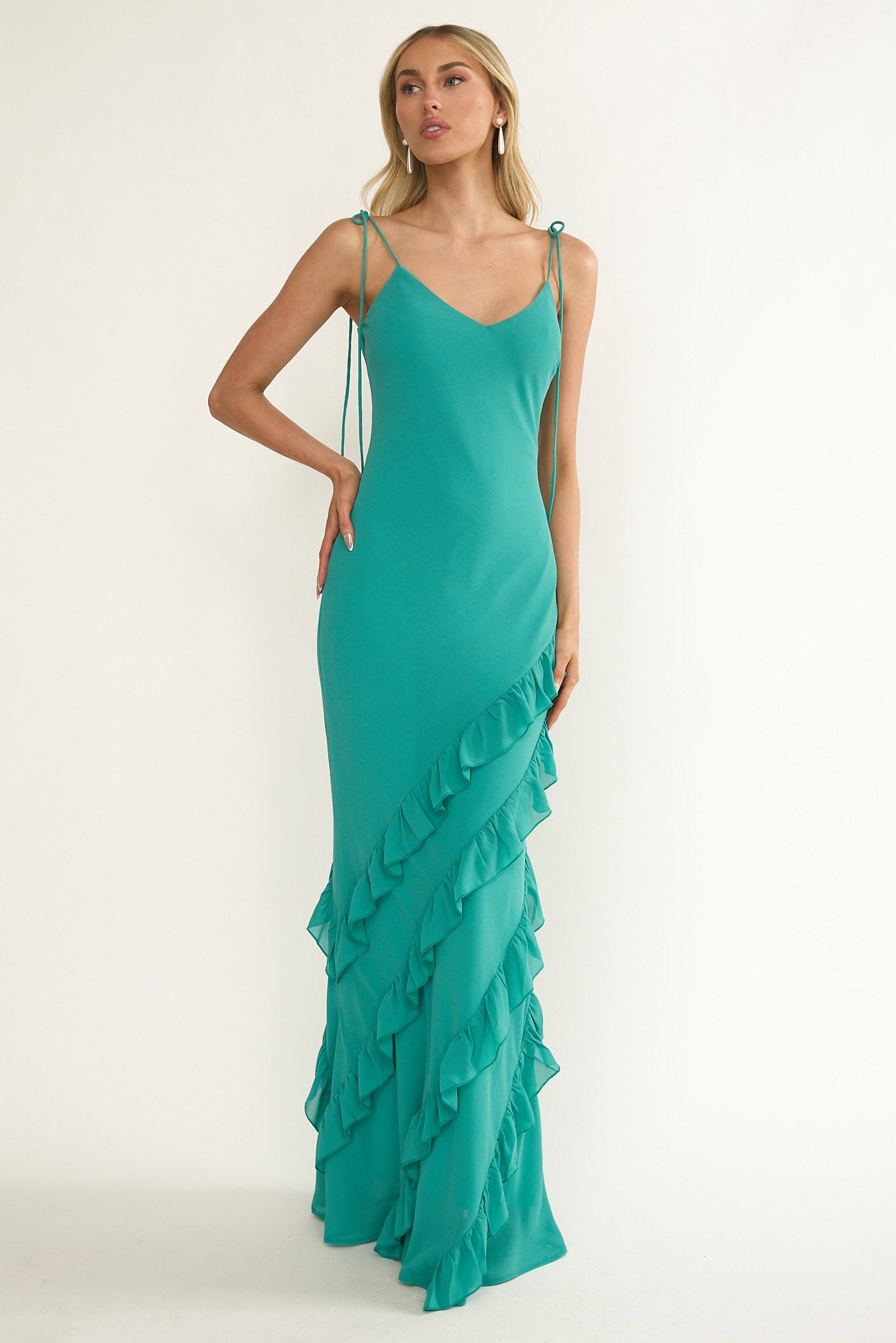 Dreamy Day Ruffle Trim Maxi Dress Turquoise by Selfie Leslie