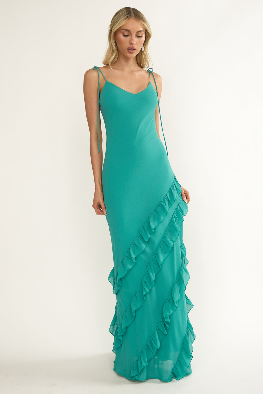 Dreamy Day Ruffle Trim Maxi Dress Turquoise by Selfie Leslie