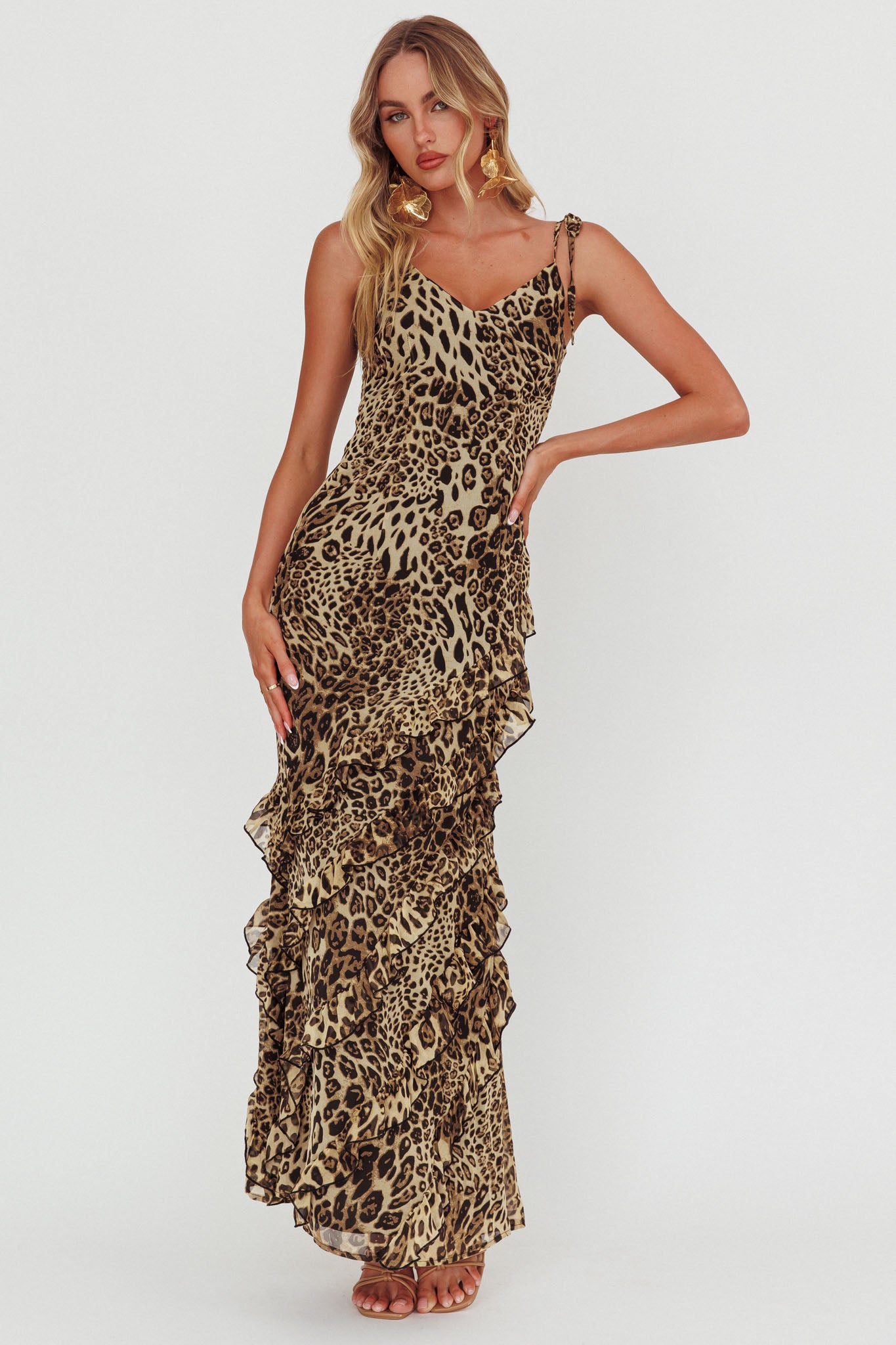 Dreamy Day Ruffle Trim Maxi Dress Leopard by Selfie Leslie