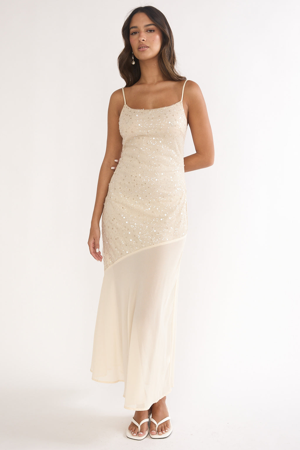 Gilded Dream Chiffon Hem Maxi Dress Sequin Oyster by Selfie Leslie
