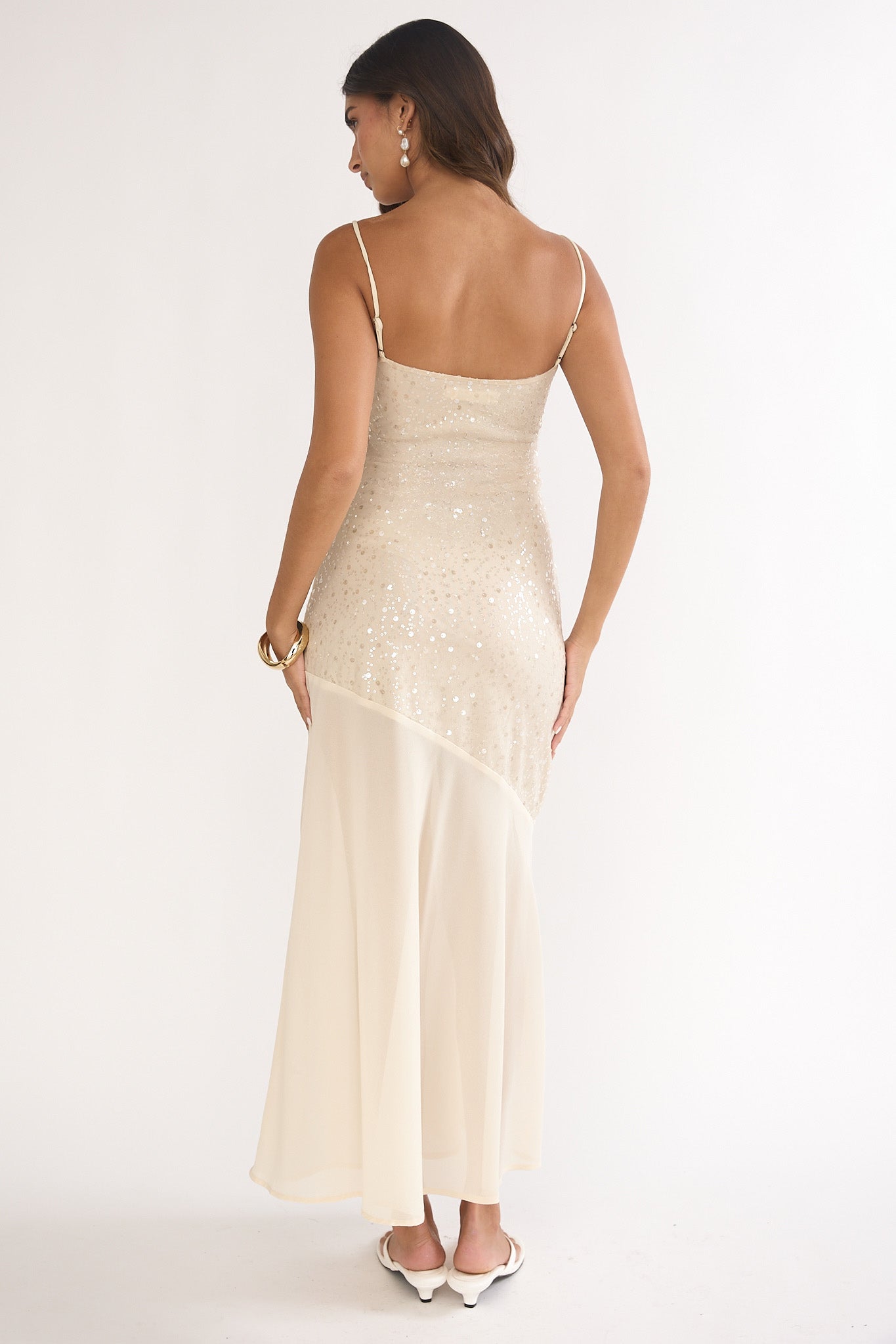 Gilded Dream Chiffon Hem Maxi Dress Sequin Oyster by Selfie Leslie