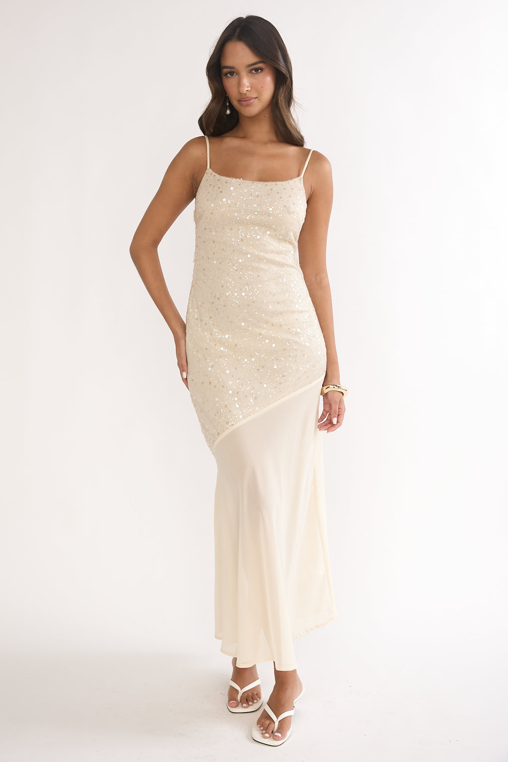 Gilded Dream Chiffon Hem Maxi Dress Sequin Oyster by Selfie Leslie