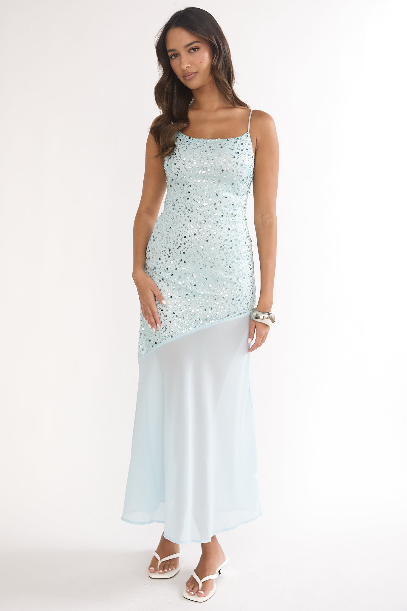 Gilded Dream Chiffon Hem Maxi Dress Sequin Sage by Selfie Leslie