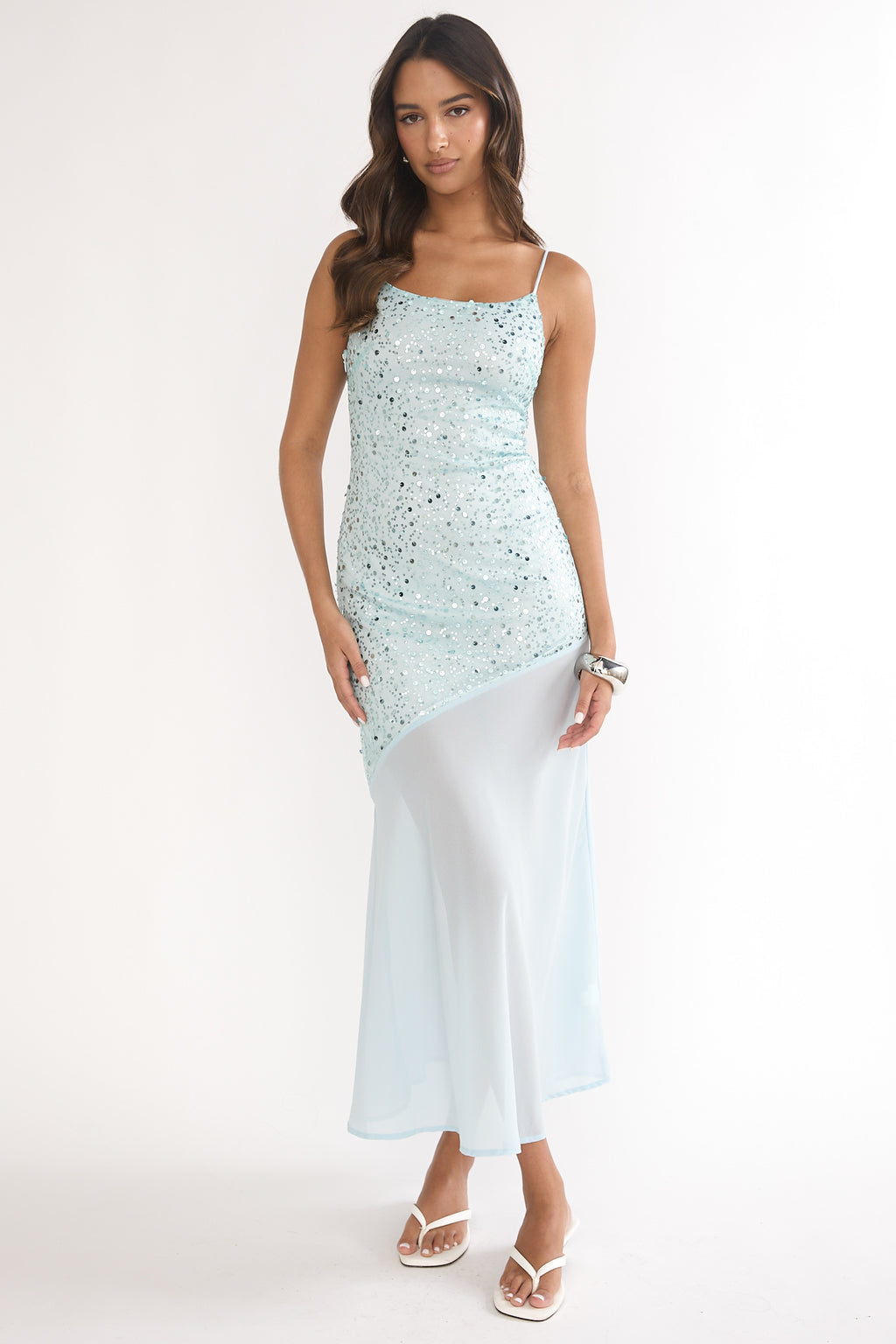 Gilded Dream Chiffon Hem Maxi Dress Sequin Sage by Selfie Leslie