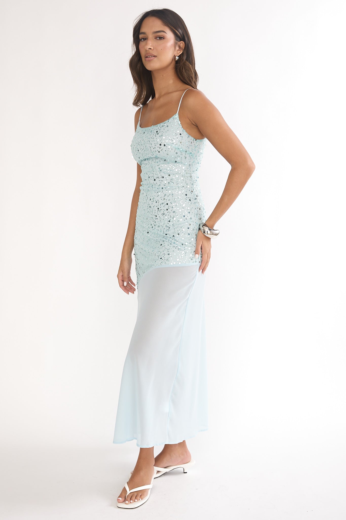 Gilded Dream Chiffon Hem Maxi Dress Sequin Sage by Selfie Leslie