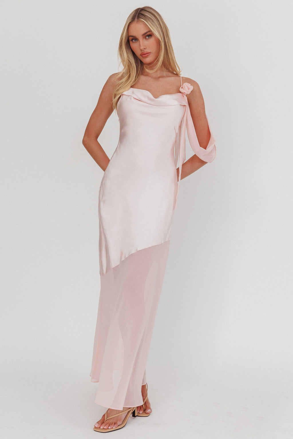 Gilded Dream Shoulder Detail Chiffon Hem Maxi Dress Blush by Selfie Leslie