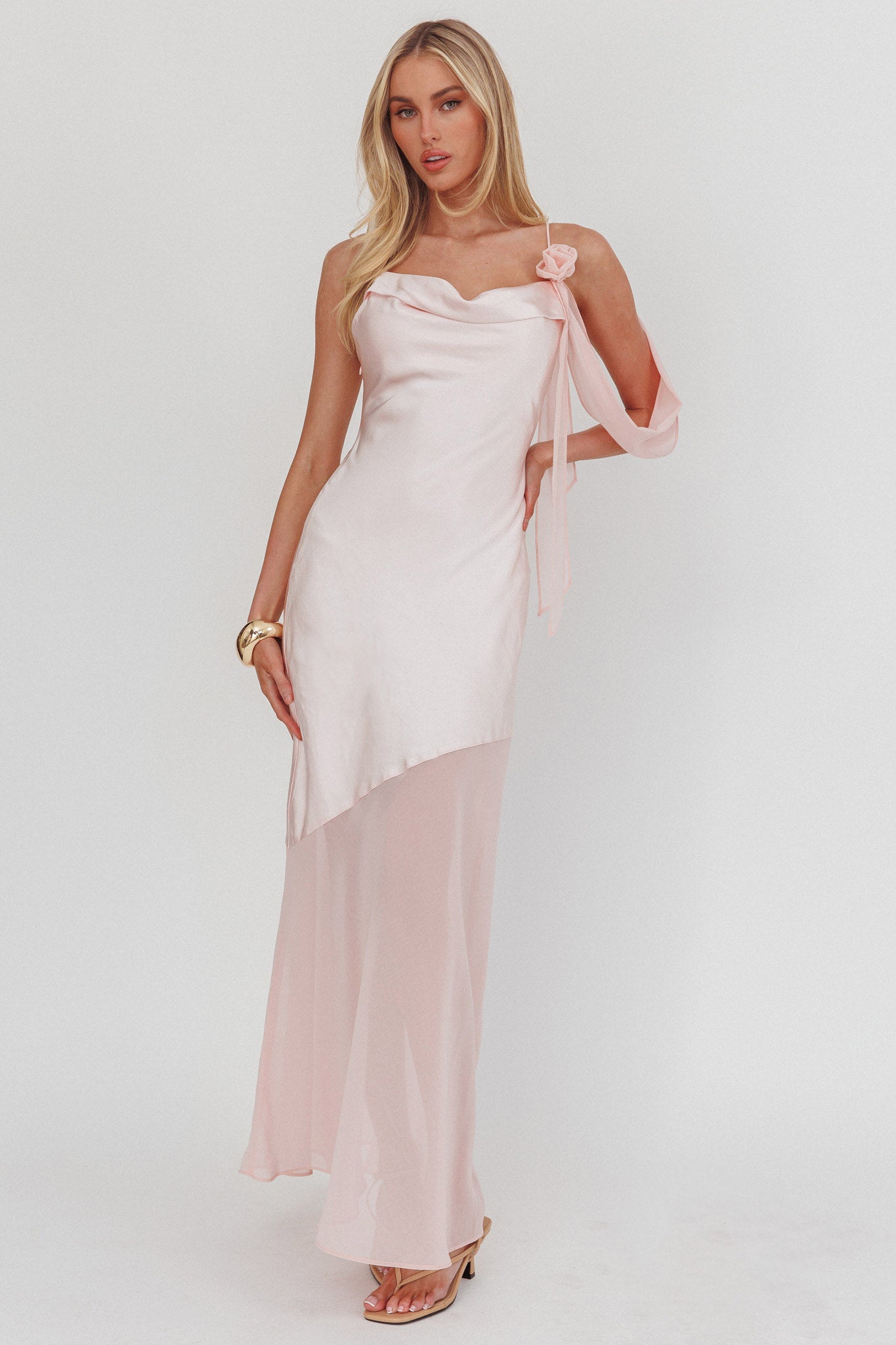 Gilded Dream Shoulder Detail Chiffon Hem Maxi Dress Blush by Selfie Leslie