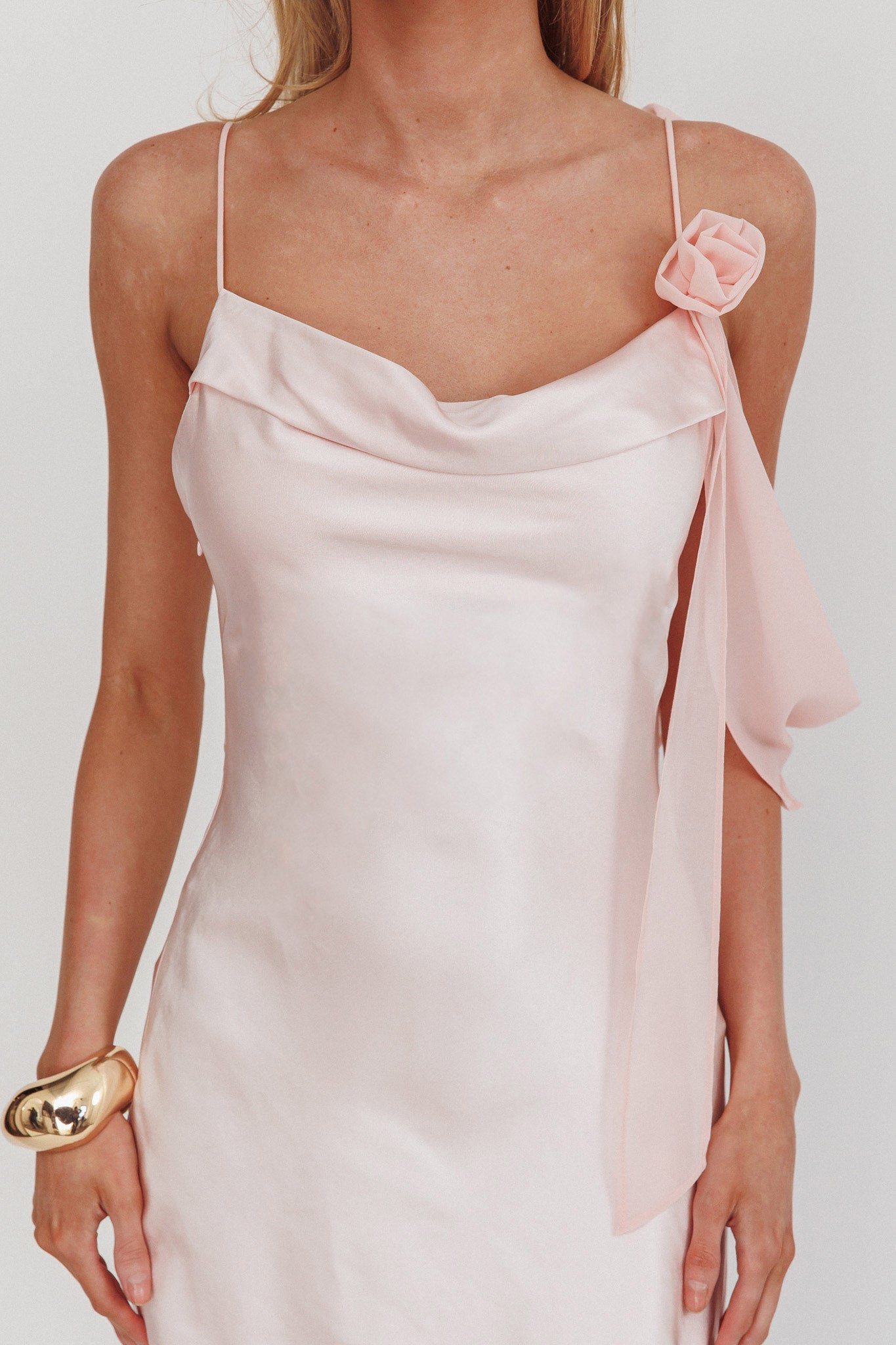 Gilded Dream Shoulder Detail Chiffon Hem Maxi Dress Blush by Selfie Leslie