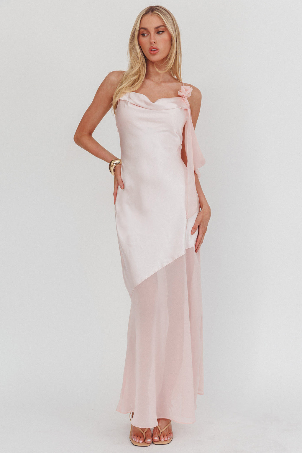 Gilded Dream Shoulder Detail Chiffon Hem Maxi Dress Blush by Selfie Leslie