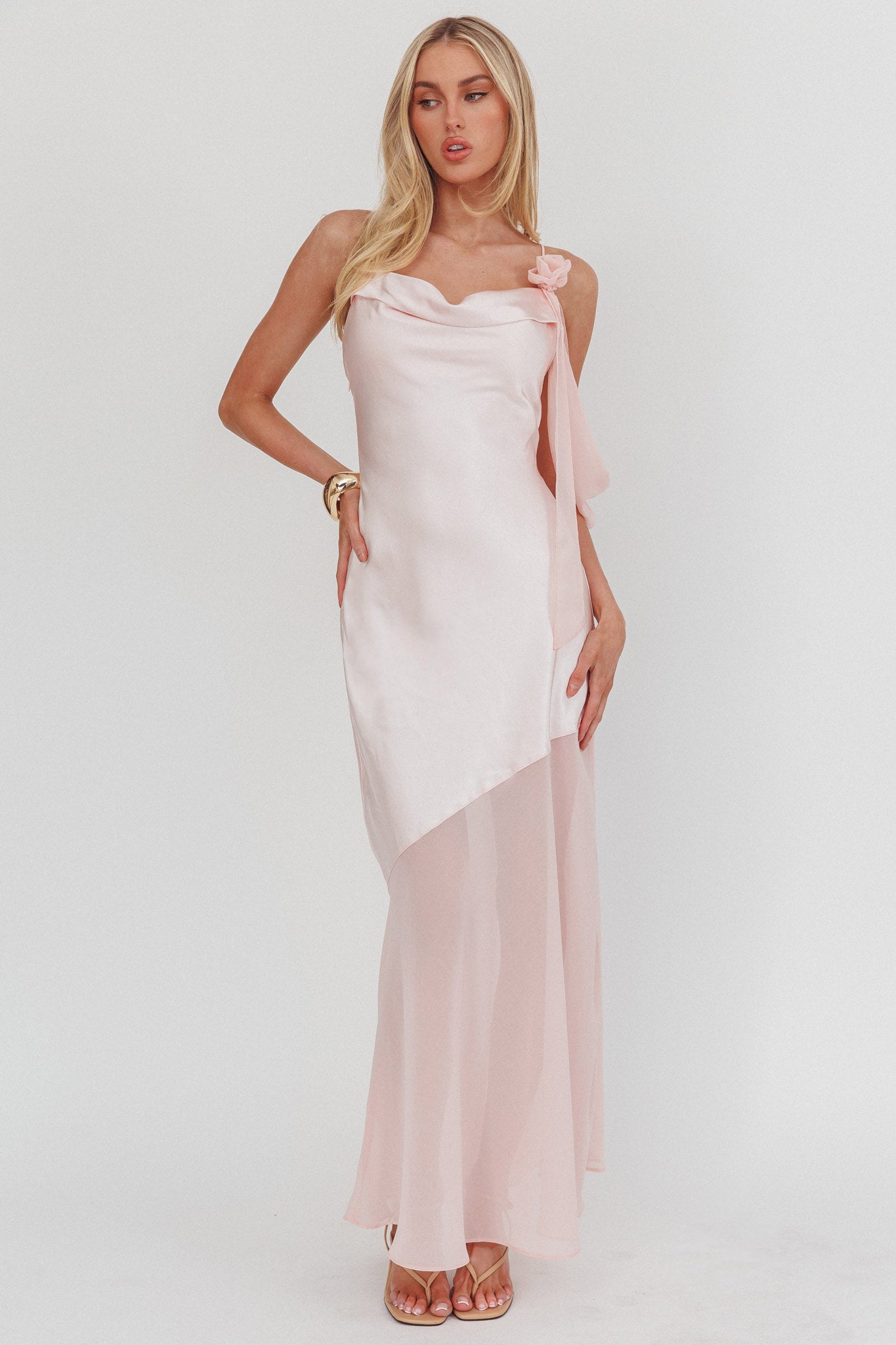 Gilded Dream Shoulder Detail Chiffon Hem Maxi Dress Blush by Selfie Leslie