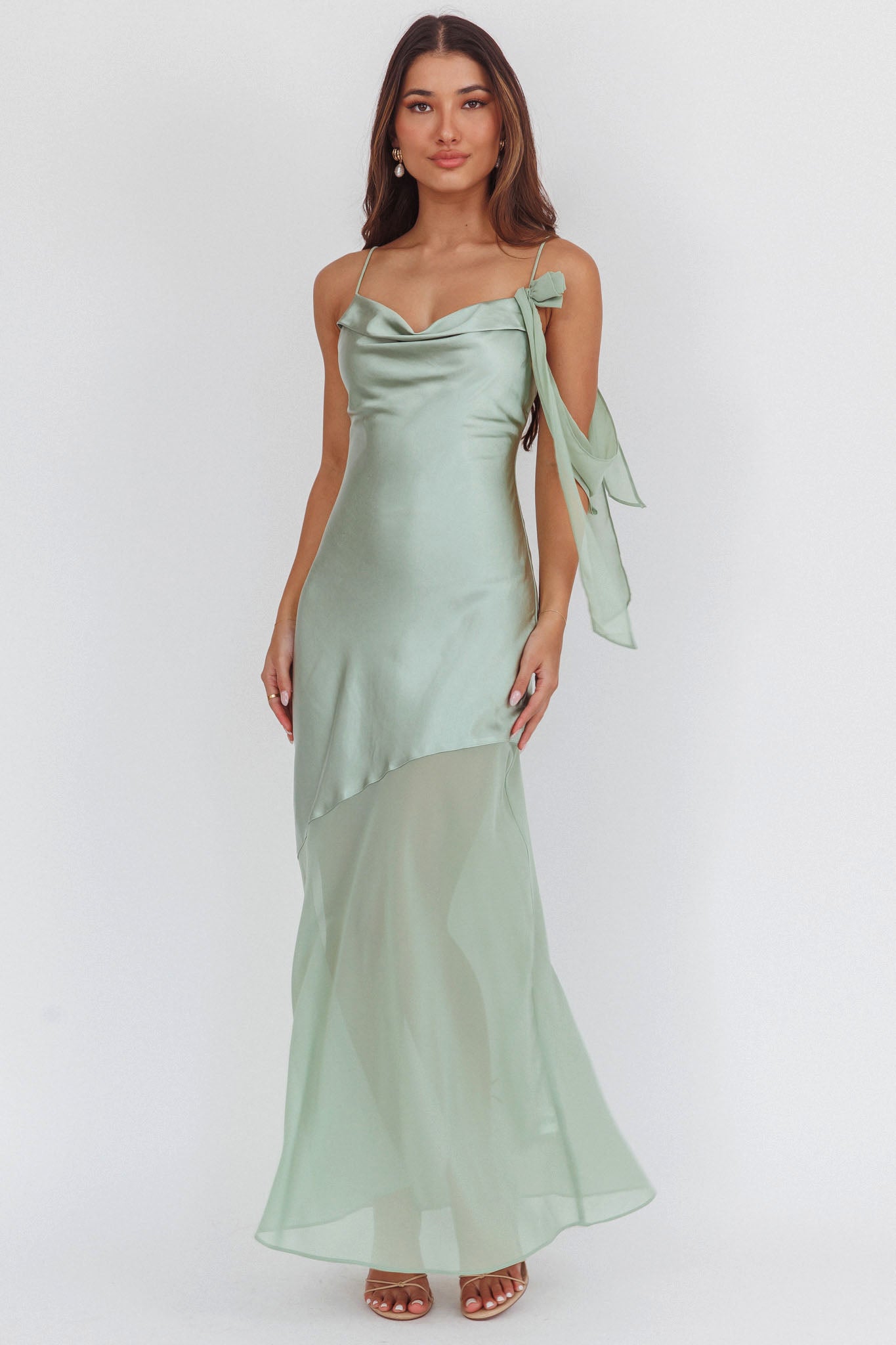 Gilded Dream Shoulder Detail Chiffon Hem Maxi Dress Sage by Selfie Leslie