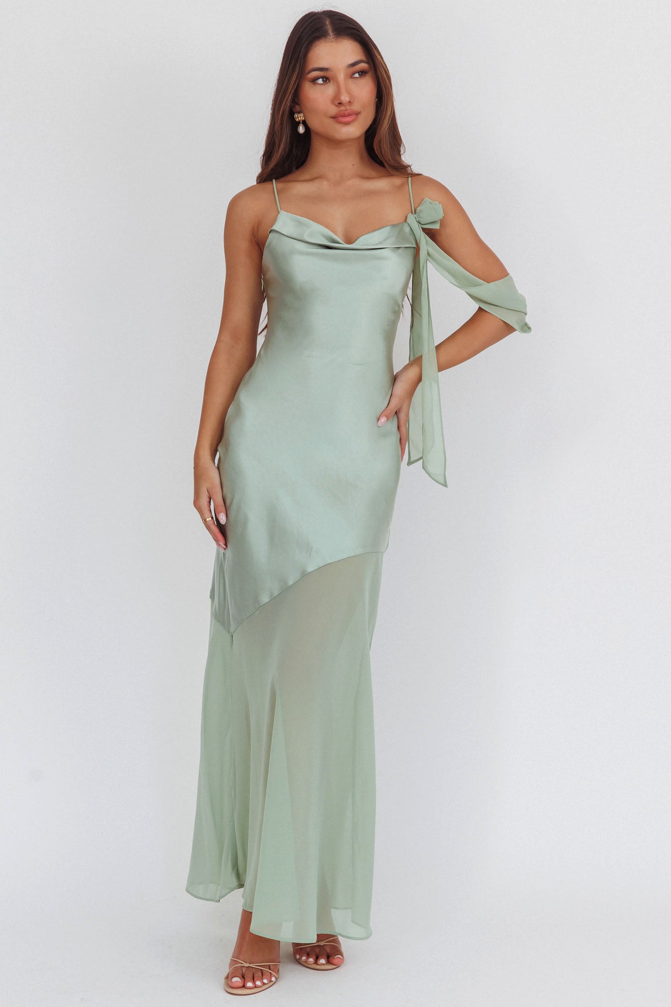 Gilded Dream Shoulder Detail Chiffon Hem Maxi Dress Sage by Selfie Leslie