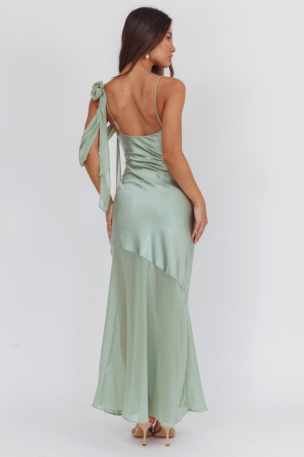 Gilded Dream Shoulder Detail Chiffon Hem Maxi Dress Sage by Selfie Leslie