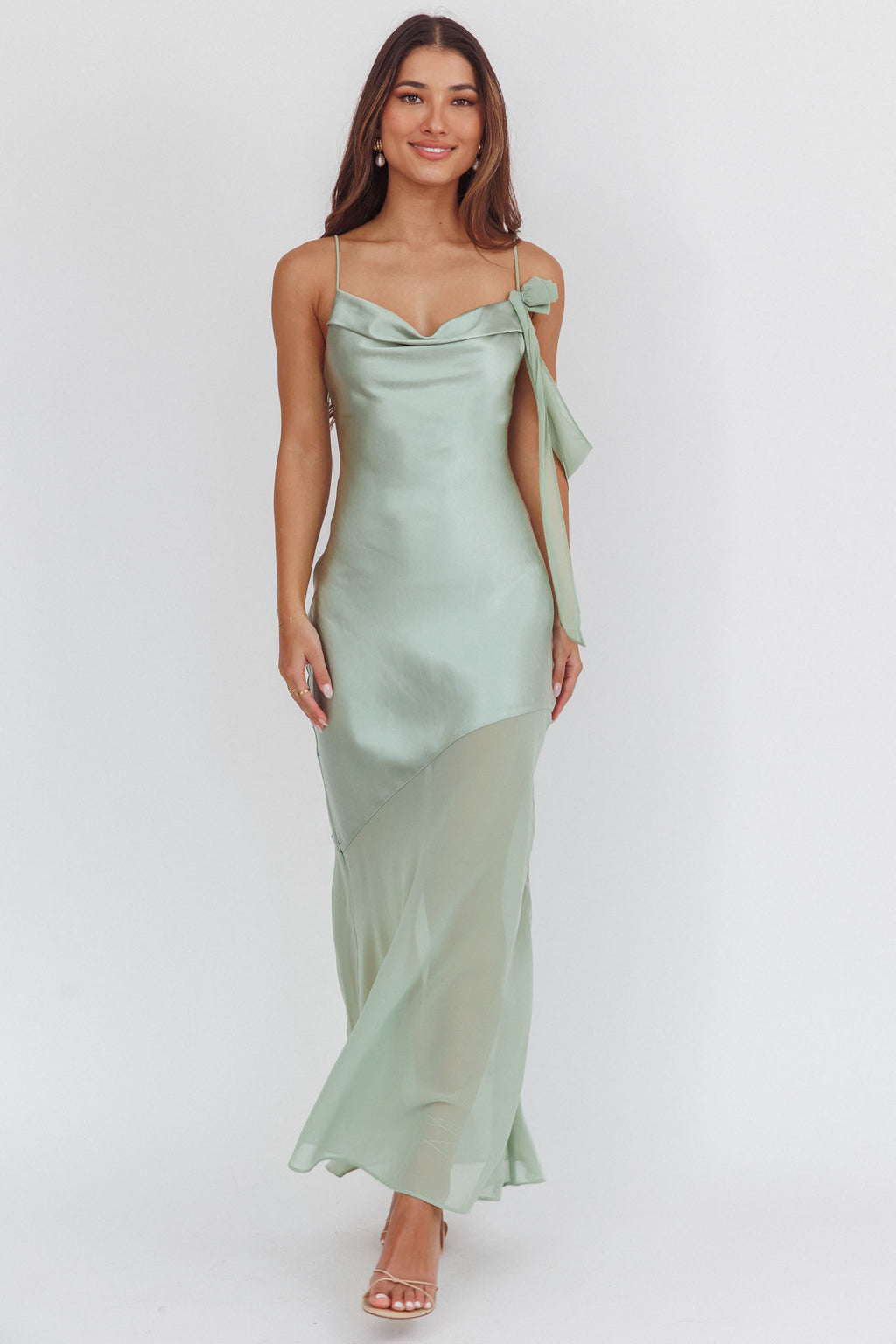 Gilded Dream Shoulder Detail Chiffon Hem Maxi Dress Sage by Selfie Leslie