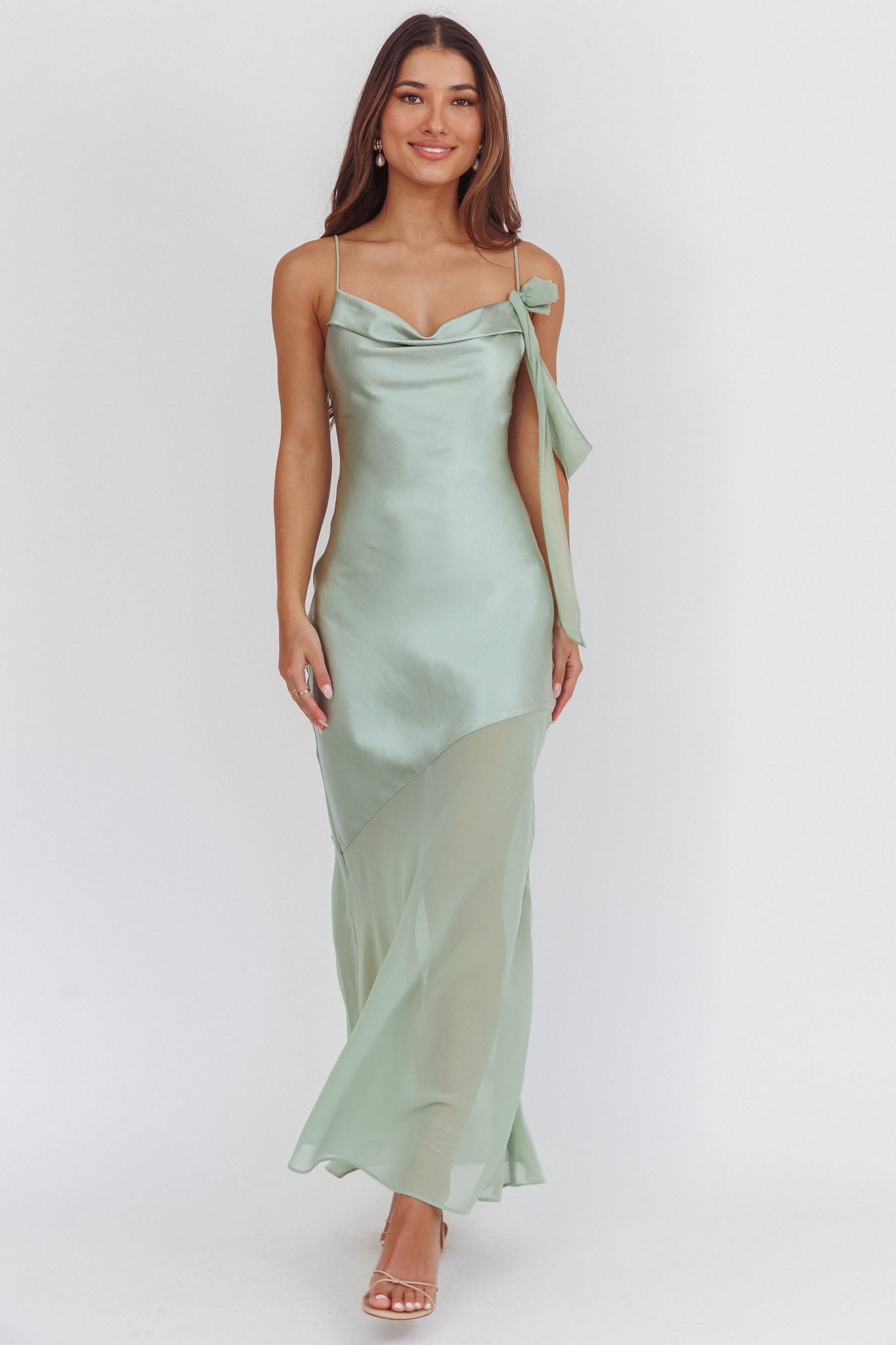 Gilded Dream Shoulder Detail Chiffon Hem Maxi Dress Sage by Selfie Leslie