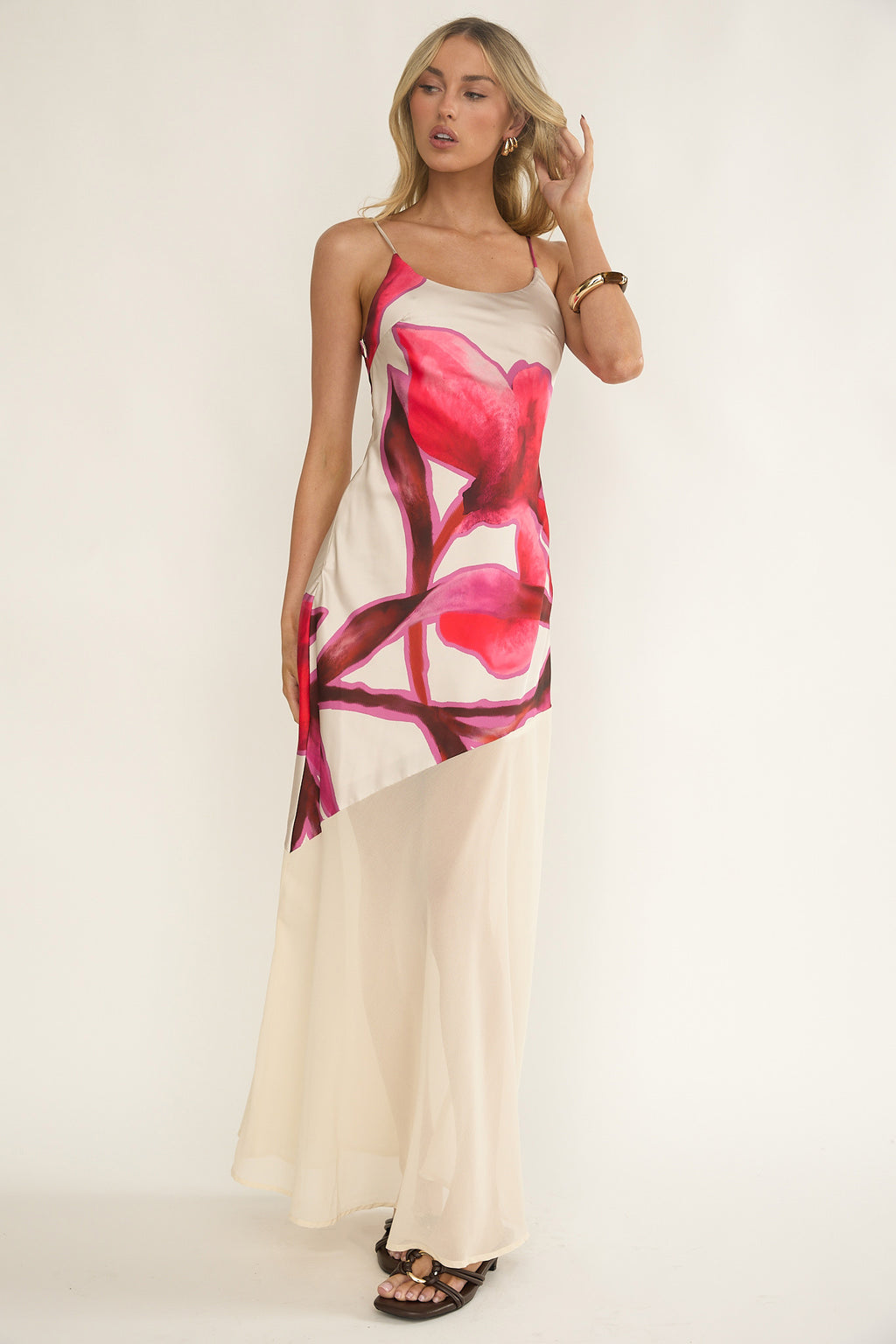 Gilded Dream Chiffon Hem Maxi Dress Print Beige by Selfie Leslie