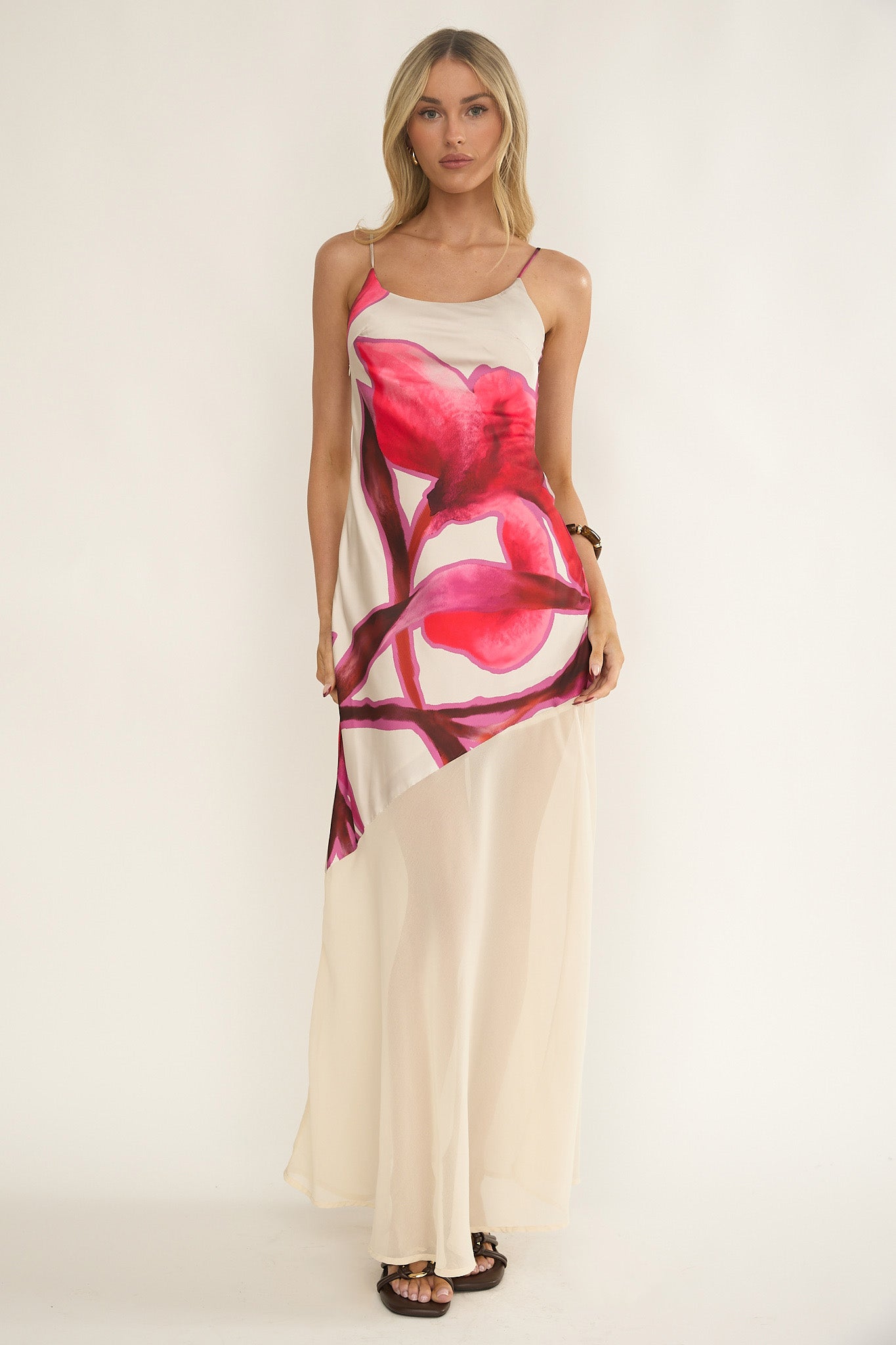 Gilded Dream Chiffon Hem Maxi Dress Print Beige by Selfie Leslie