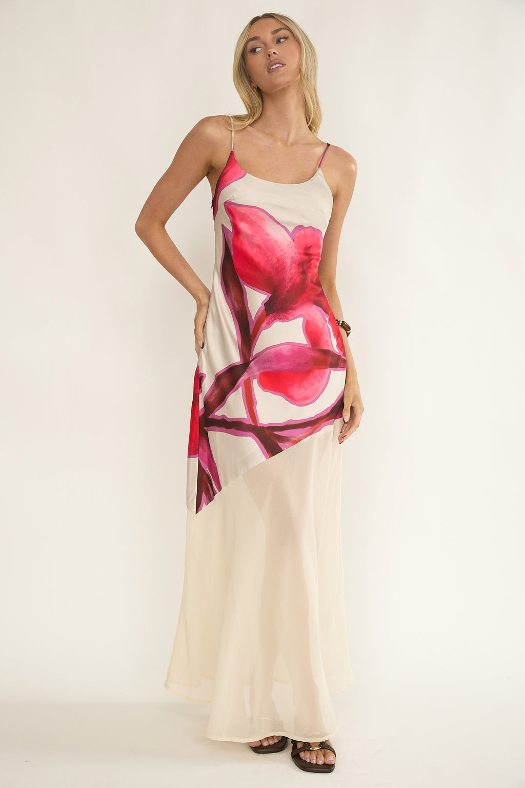 Gilded Dream Chiffon Hem Maxi Dress Print Beige by Selfie Leslie