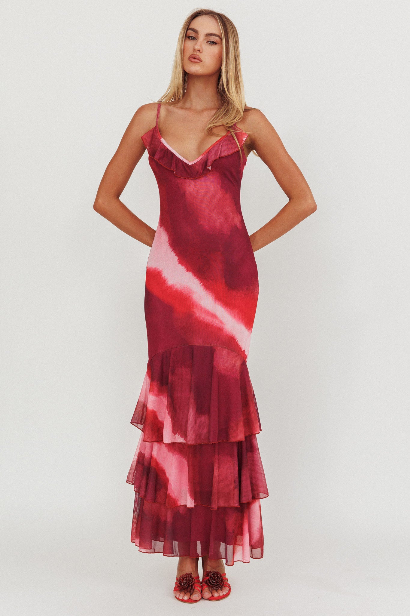 Oskar Tiered Ruffle Hem Mermaid Maxi Dress Pink by Selfie Leslie