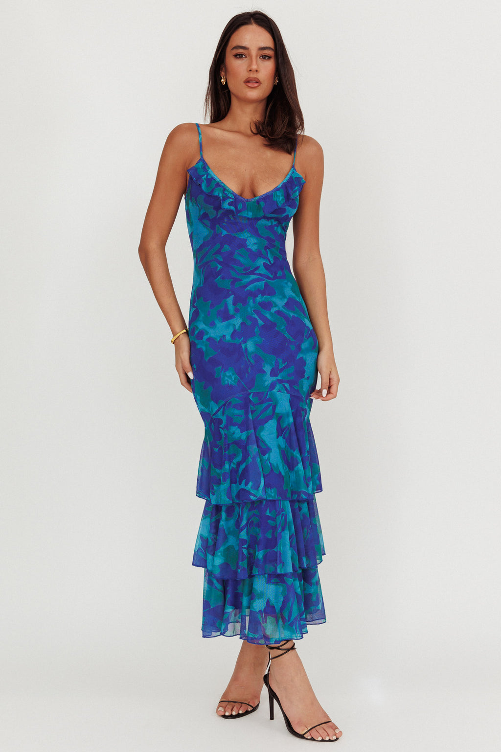 Oskar Tiered Ruffle Hem Mermaid Maxi Dress Abstract Blue by Selfie Leslie