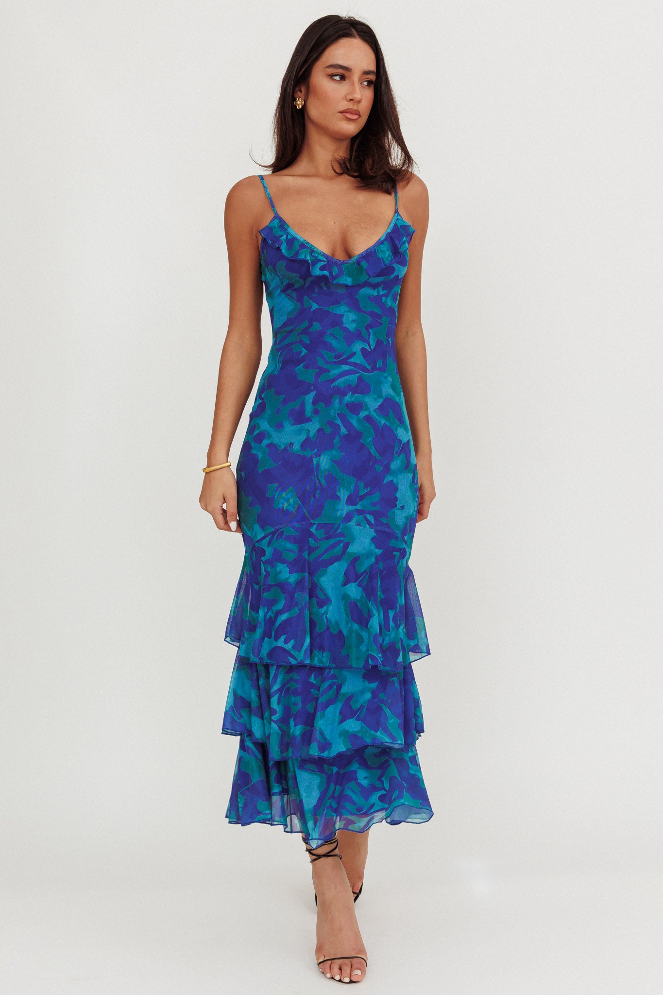 Oskar Tiered Ruffle Hem Mermaid Maxi Dress Abstract Blue by Selfie Leslie