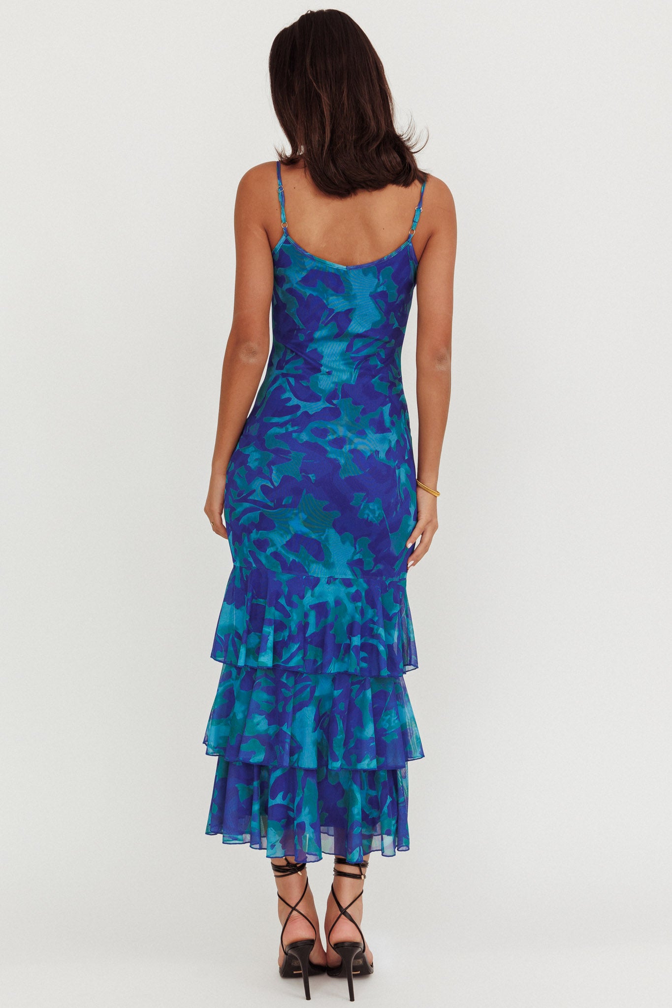 Oskar Tiered Ruffle Hem Mermaid Maxi Dress Abstract Blue by Selfie Leslie