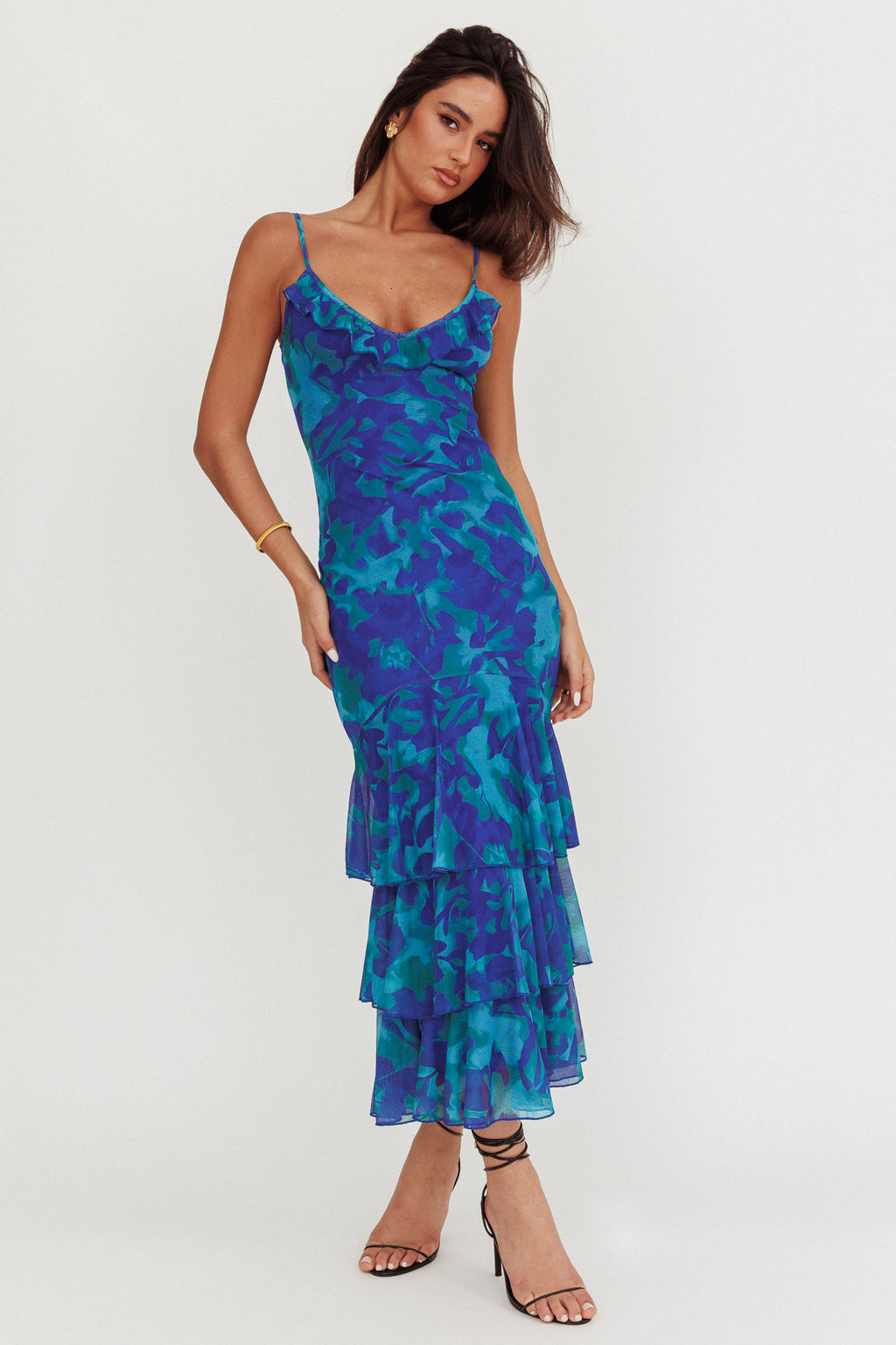 Oskar Tiered Ruffle Hem Mermaid Maxi Dress Abstract Blue by Selfie Leslie