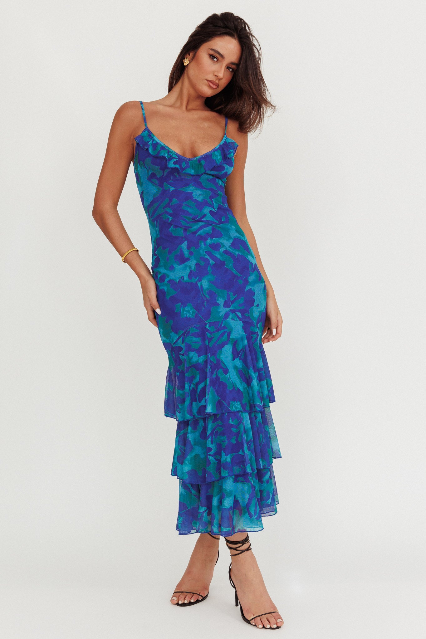 Oskar Tiered Ruffle Hem Mermaid Maxi Dress Abstract Blue by Selfie Leslie