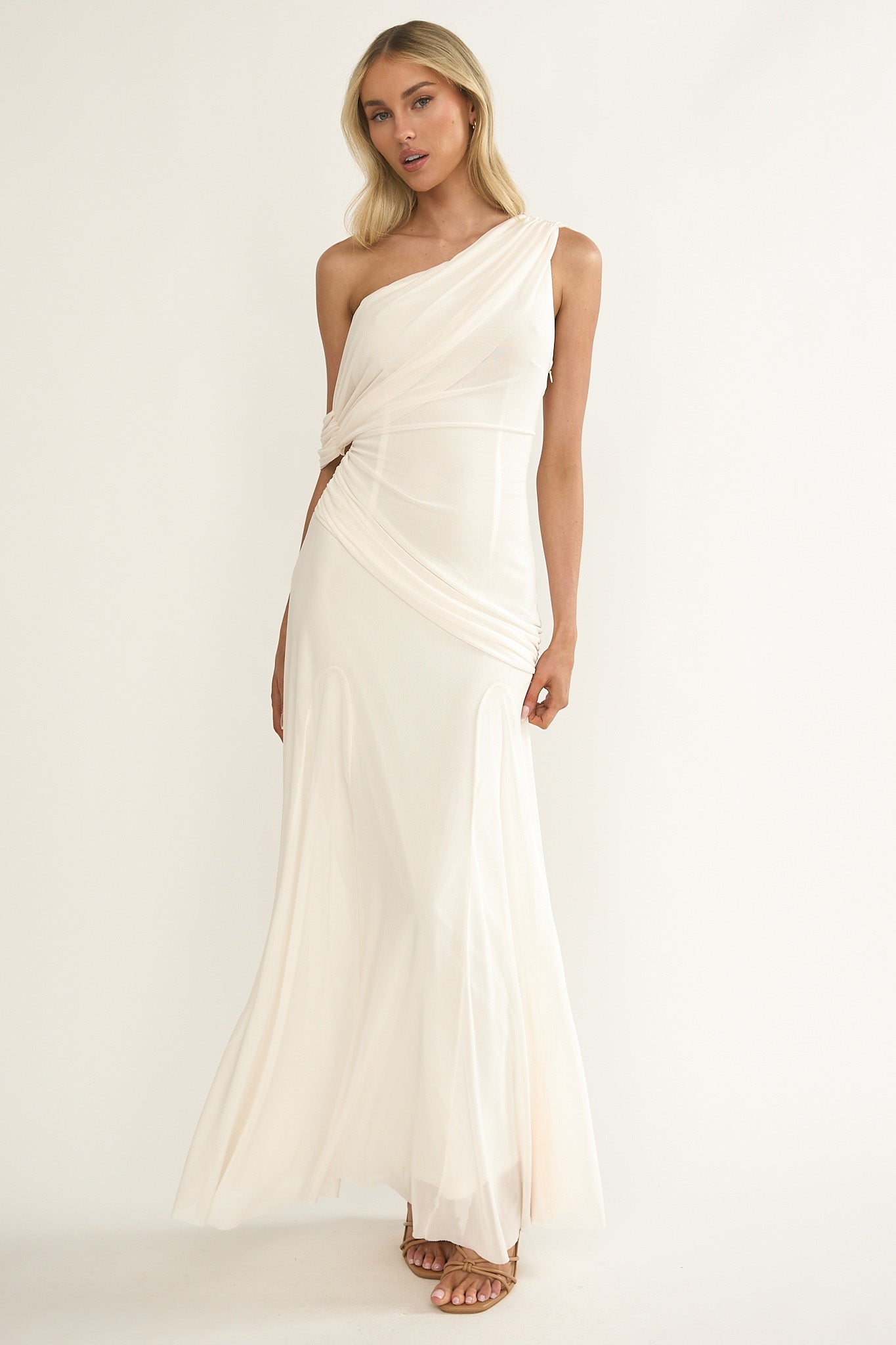 Shop the Anaisa Asymmetric Neckline Draped Maxi Dress Oyster