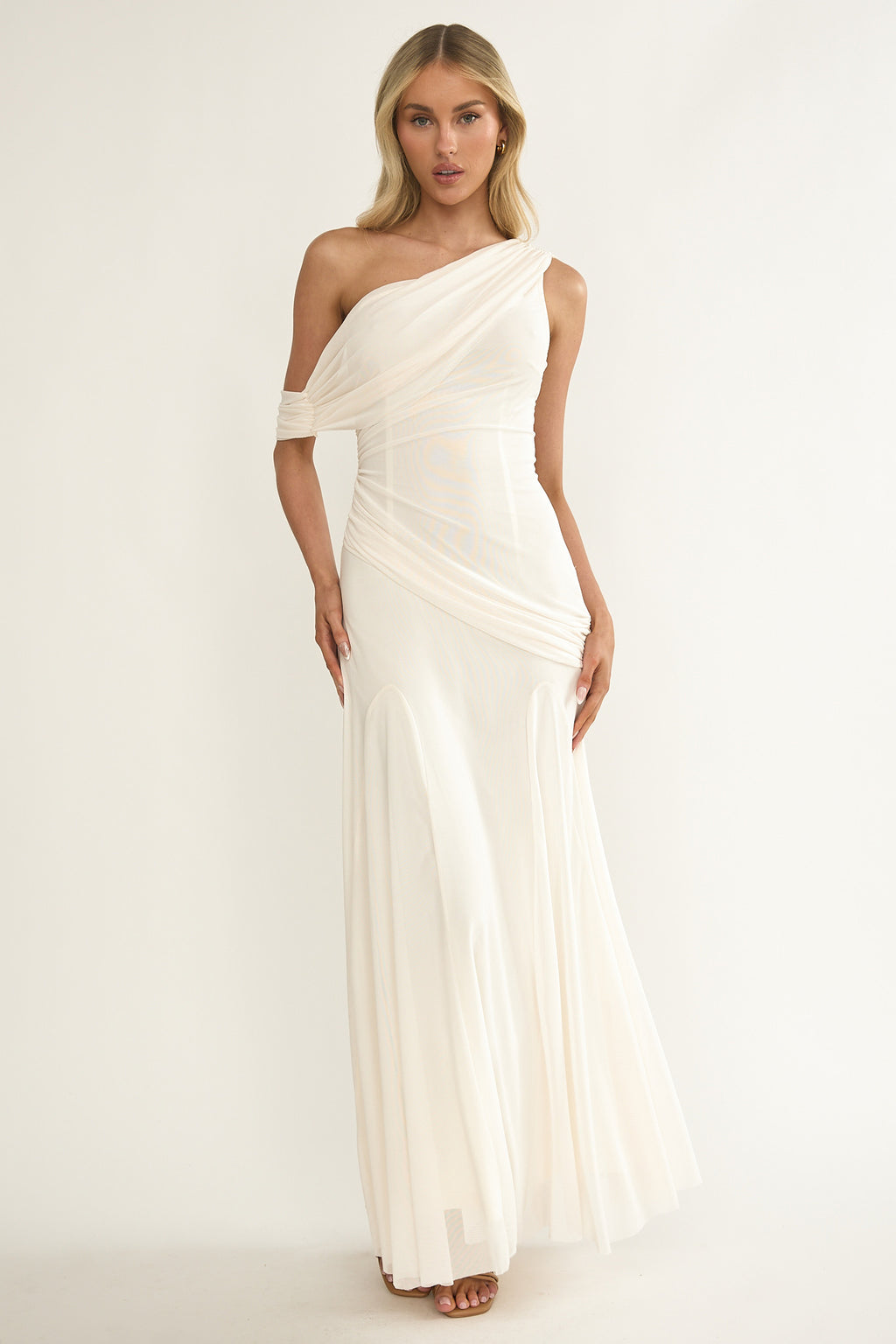 Anaisa Asymmetric Neckline Draped Maxi Dress Oyster by Selfie Leslie