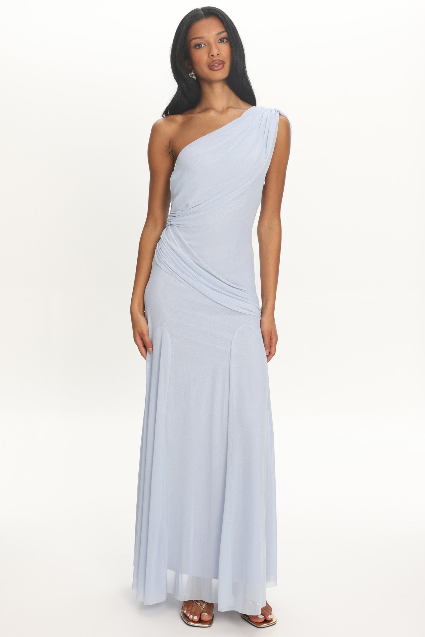 Anaisa Asymmetric Neckline Draped Maxi Dress Baby Blue