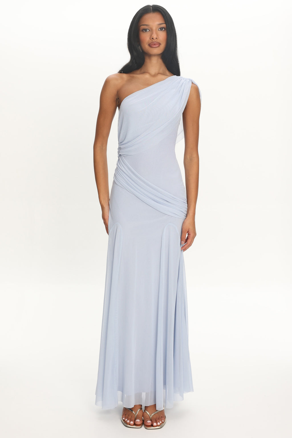 Anaisa Asymmetric Neckline Draped Maxi Dress Baby Blue