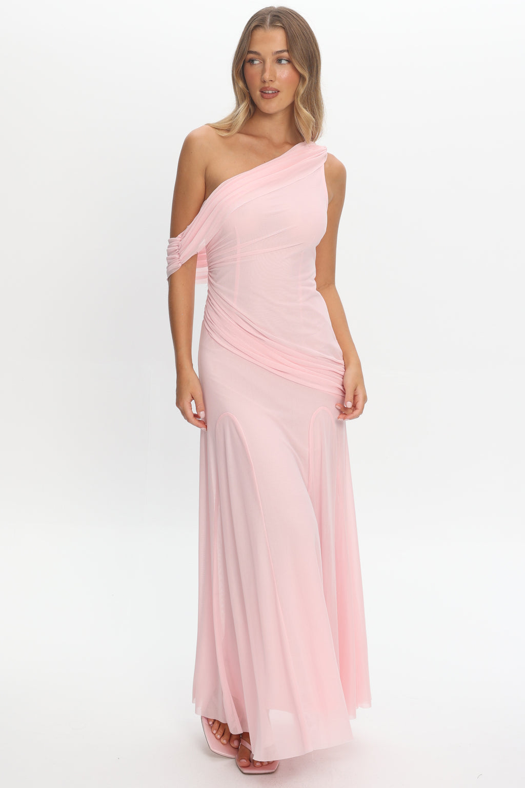 Anaisa Asymmetric Neckline Draped Maxi Dress Light Pink - S Anaisa Asymmetric Neckline Draped Maxi Dress Light Pink - S