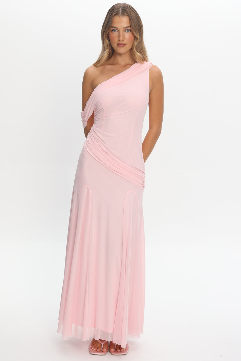 Anaisa Asymmetric Neckline Draped Maxi Dress Light Pink