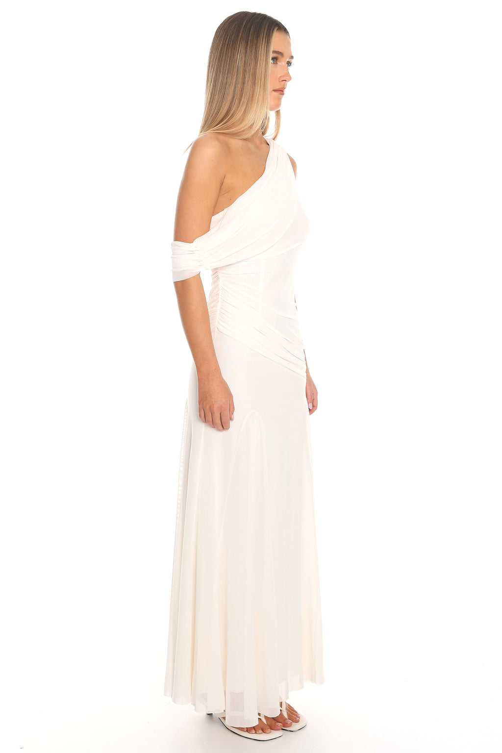 Anaisa Asymmetric Neckline Draped Maxi Dress Oyster