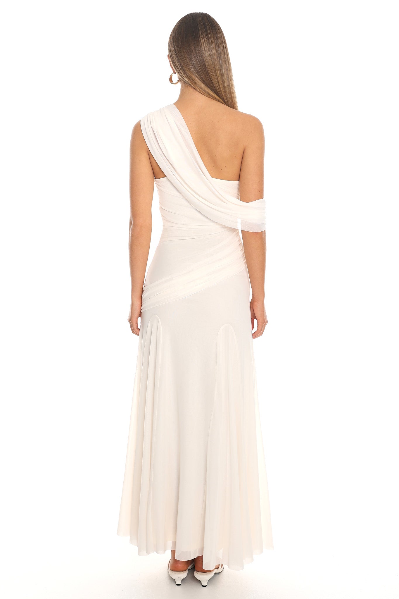 Anaisa Asymmetric Neckline Draped Maxi Dress Oyster