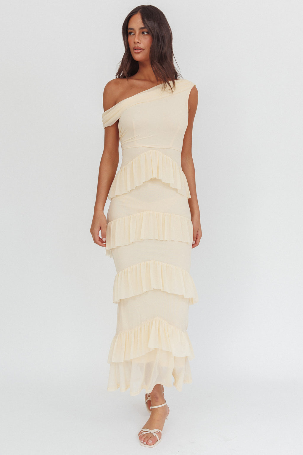 Anaisa Asymmetric Neckline Frill Maxi Dress Cream by Selfie Leslie