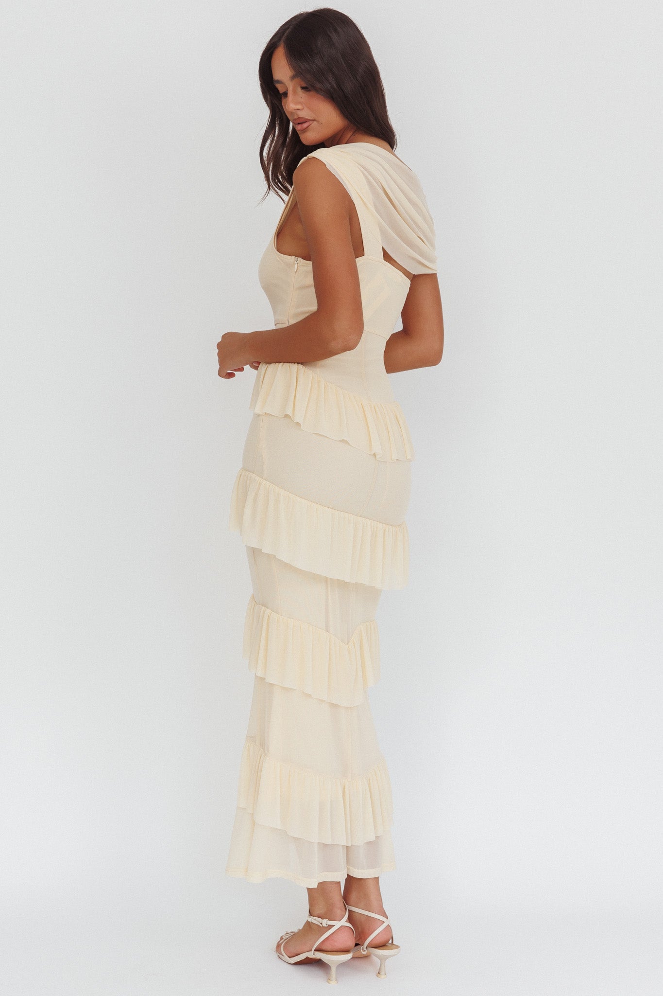 Anaisa Asymmetric Neckline Frill Maxi Dress Cream Anaisa Asymmetric Neckline Frill Maxi Dress Cream