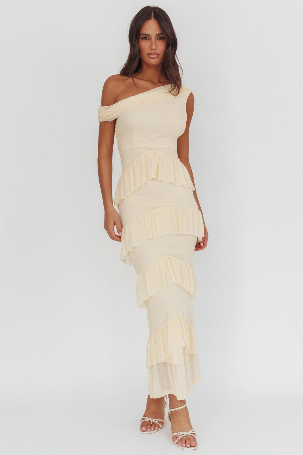 Anaisa Asymmetric Neckline Frill Maxi Dress Cream by Selfie Leslie