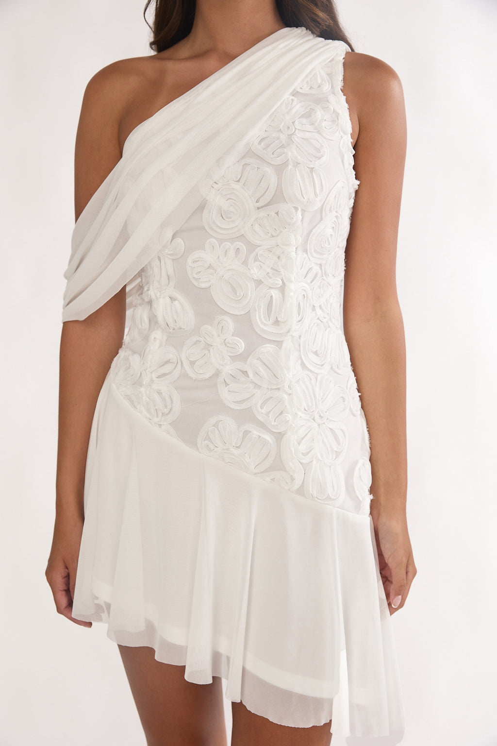 Anaisa One-Shoulder Draped Mini Dress Embellished Off White by Selfie Leslie