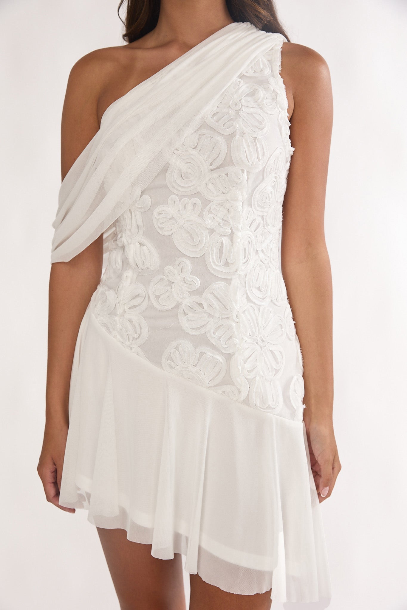 Anaisa One-Shoulder Draped Mini Dress Embellished Off White by Selfie Leslie