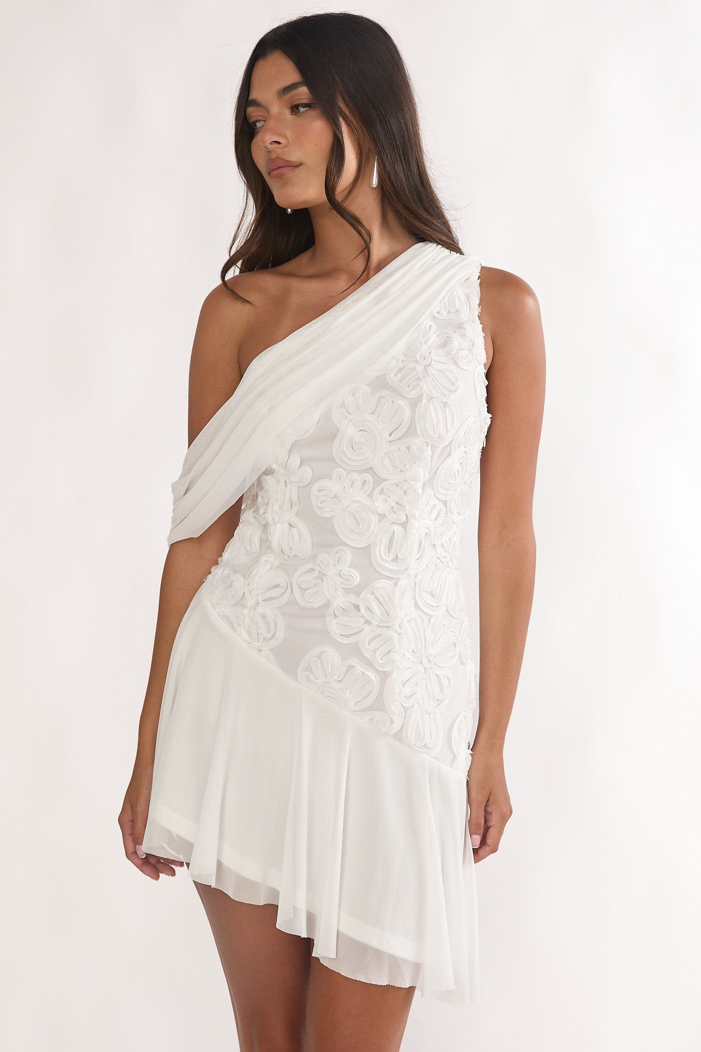 Anaisa One-Shoulder Draped Mini Dress Embellished Off White by Selfie Leslie