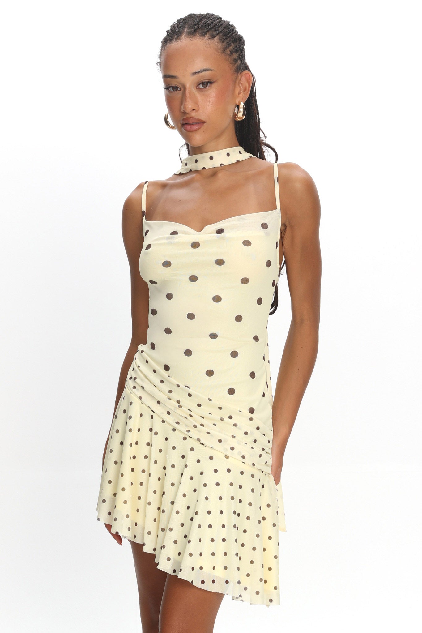 Anaisa Asymmetric Hem Mini Dress Polka Dot Butter S