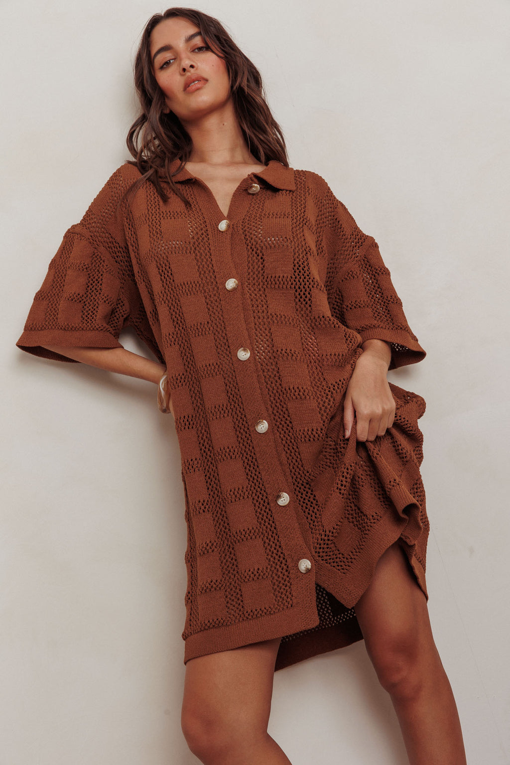 Best Friend Knit Shirt Dress Chocolate by Selfie Leslie