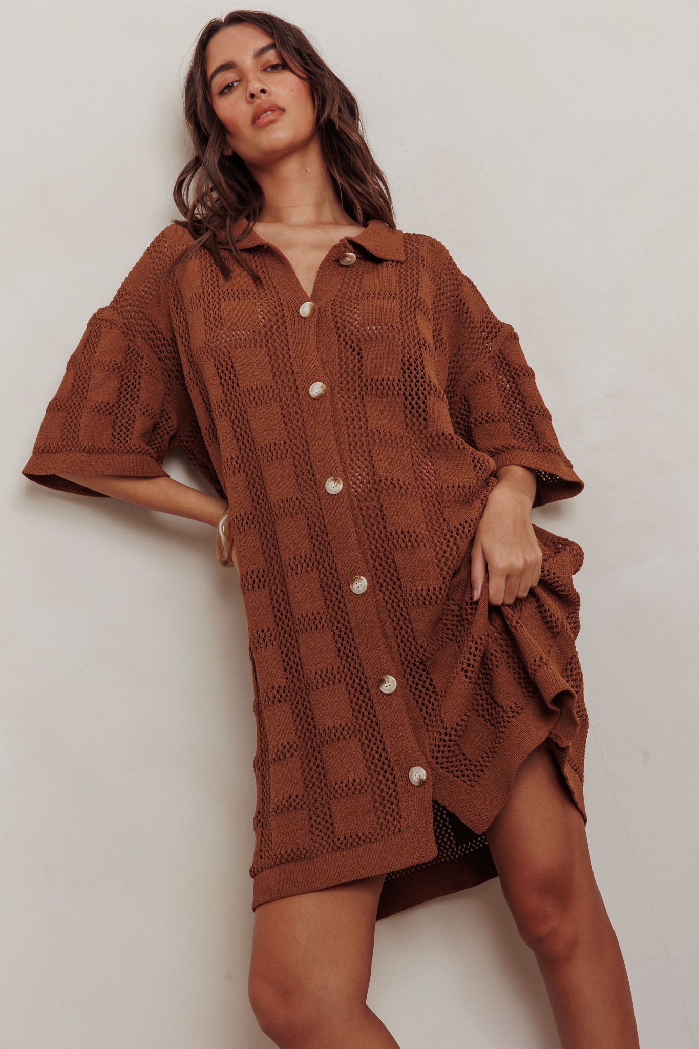 Best Friend Knit Shirt Dress Chocolate by Selfie Leslie