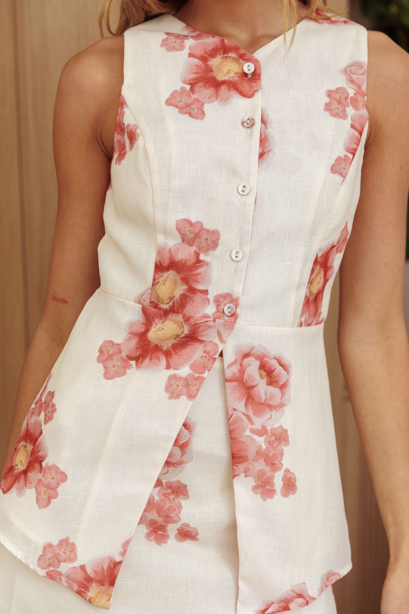 Sunlit Grove Button Front Top Floral Cream/Red by Selfie Leslie