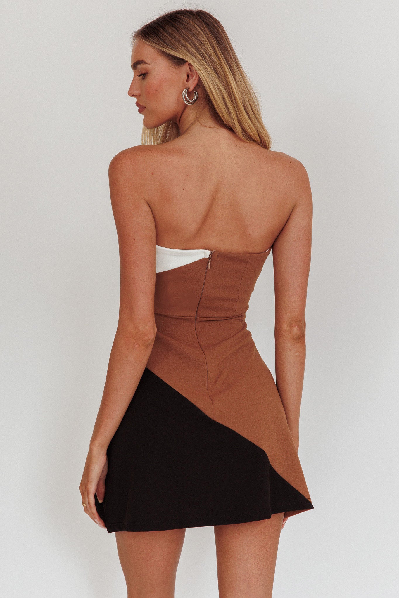 Kindle Strapless Contrast Panels Mini Dress Tan Multi by Selfie Leslie